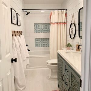 Anthropologie Cream Shower Curtain with Coral Pom-Pom Trim